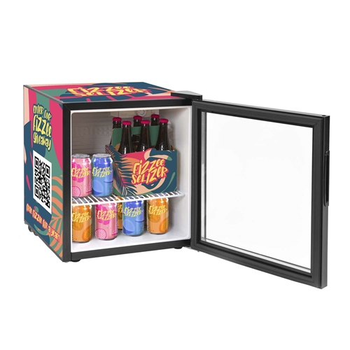 Custom logo mini fridge with company logo on glass door