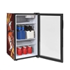 Custom branded office mini fridge with company logo on glass door