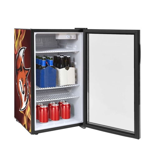 Custom branded office mini fridge with company logo on glass door