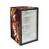 Custom branded office mini fridge with company logo on glass door