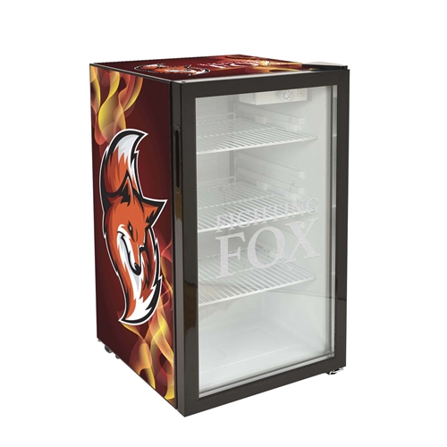 Custom branded office mini fridge with company logo on glass door